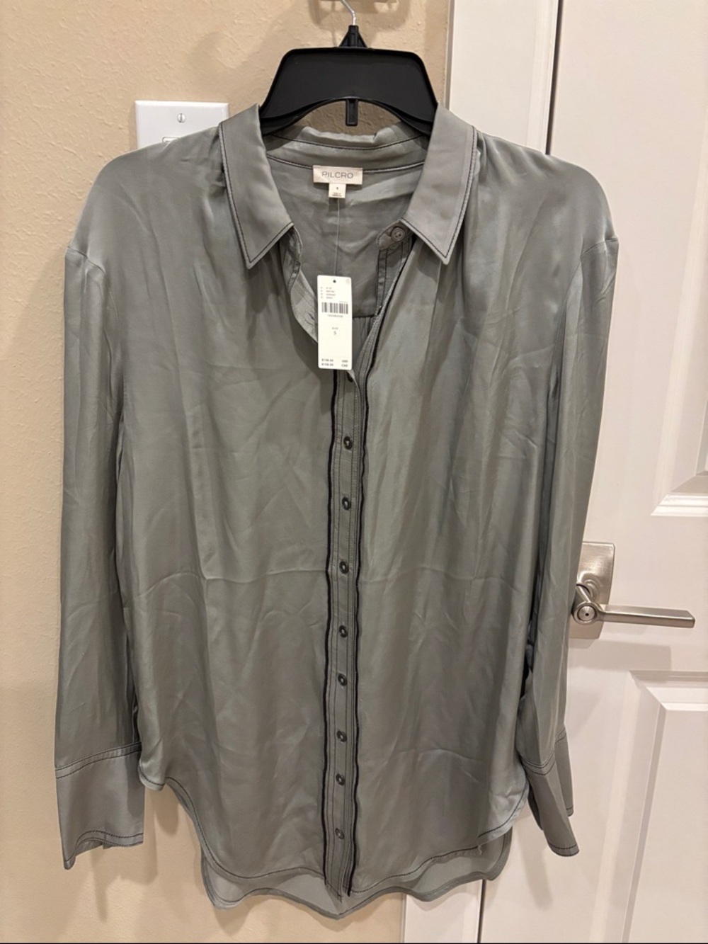 Pilcro Satin Button-Front Blouse in Grey Sage